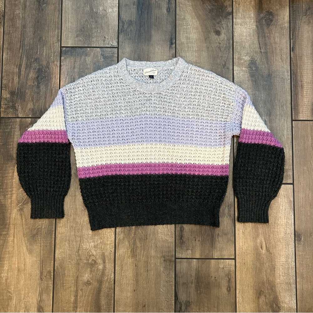 Universal Thread pink, purple, and gray fluffy crew neck sweater, women’s XS